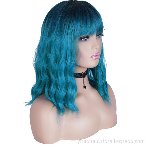 Wholesale Ombre Blue Wavy Wig with Flat Bangs 14" Synthetic Natural Hair Heat Resistant Fiber Cosplay Wig for Women Color Ombre